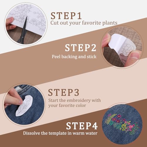4 Sheets Embroidery Flower Patterns, Stick and Stitch Embroidery Patterns for Hand Sewing, Water Soluble Pre-Printed Flower Embroiderys Transfer for Crafts