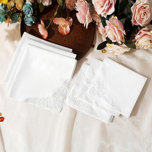 HOULIFE Lace Handkerchiefs for Women Pack, Ladies White Cotton Hankies with Flower Embroidery Lace Edge for Wedding Party