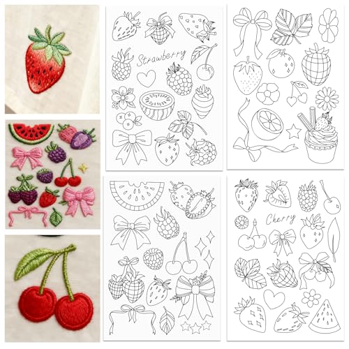 ORIGACH 4 Sheets Water Soluble Embroidery Patterns Stabilizers - Pre-Printed Strawberry Designs - Stick & Stitch Embroidery Paper for Hand Sewing Lovers - color: Strawberry