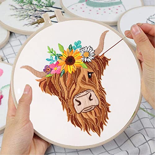 Louise Maelys Highland Cow Floral Embroidery Kit for Beginners Craft - color: kit-11