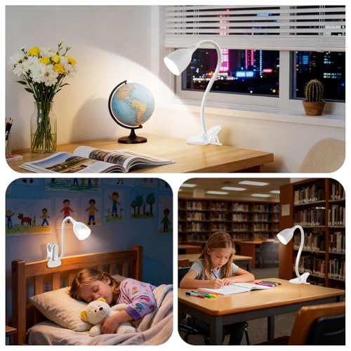 EJIAXIN Desk Lamp for Home Office - Clip on Reading Light and Bed Headboard Clamp Lamp, Bedside Gooseneck Table Lamp, Clip on Desk Lamps, Eye-Caring Desk Lamp for College Dorm Room Study Lamp, White
