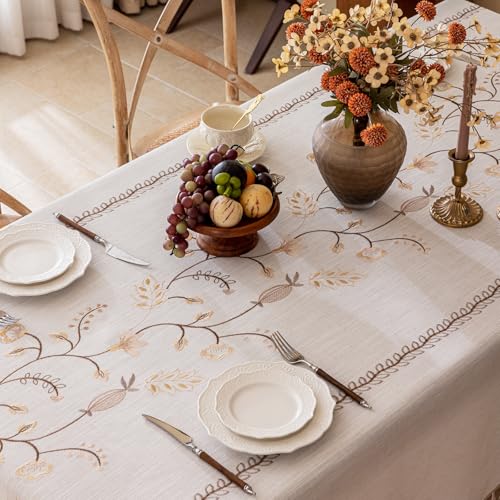 Joyfol Day Rustic Fall Rectangle Table Cloth, Heavy Duty Linen Florals Embroidery Tablecloths, Farmhouse Waterproof Tablecloth, Wrinkle Free Table Cover with Tassels, Coffee Berry, 55''x 86'' - color: Coffee Berry, size: 86" x 55" (Rectangular)