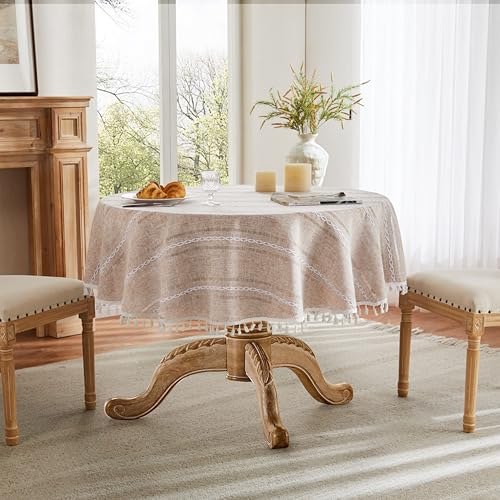 ZeeMart Hemstitched Striped Boho Table Cloth, 54 Inch Round Natural - color: Natural, size: 54" (Round)