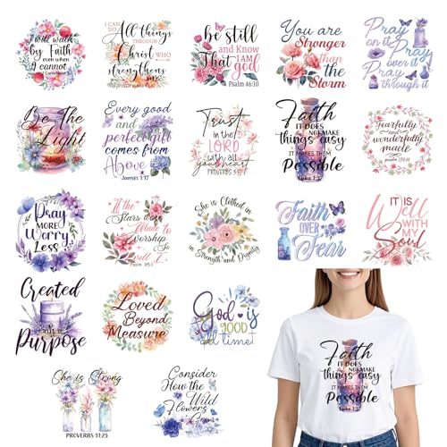 Dtf Transfers Ready to Press - 20Pcs Christian Bible Verse Iron on Transfer for Tshirts, Inspirational Quotes Iron on Decals Patches, Floral Heat Trasnefer for DIY Clothes Bags Hats Pillows - color: Christian Bible Verse797