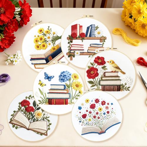 BEUNITONE 6 Set Books Flowers Embroidery Kit for Adult Beginners with Hoops and Instructions Literary Themed Needlepoint Craft Kits Complete DIY Handmade Cross Stitch Set for Book Lovers Home Decor - style: Book Flower