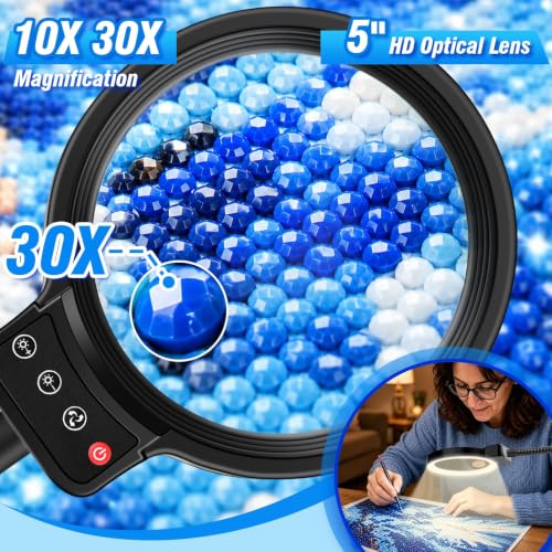 30X 10X Large Magnifying Glass with Light and Stand,LED Magnifier Desk Lamp - color: Black