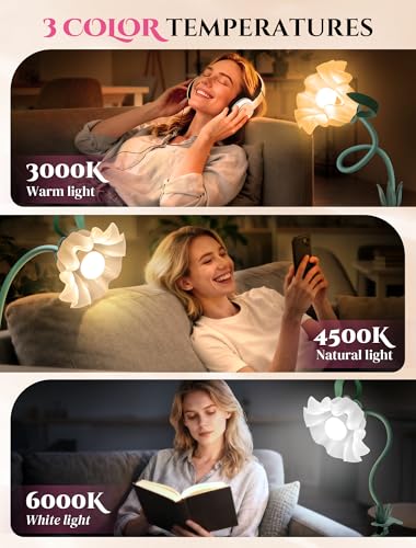 Clip On Flower Lamp for Bedroom, Aesthetic Bedside Reading Light with Flexible Gooseneck, 3 Color Modes Cute Desk Lamp Decor for Dorm Room, Headboard, Nightstand and Home Office - color: Green-02)