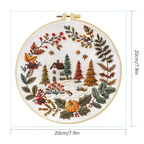 Embroidery Kit for Beginners, Boho Nature Landscape Pre-Stamped Pattern Kits for Adults with Hoop, Easy to Follow Color Thread Needlework