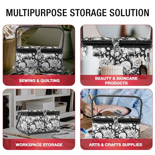 SINGER Sewing Basket, Sewing Kit with Notions, Black & White Floral Print - color: Black & White