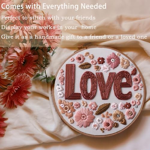 FONNUY I Love You Embroidery Kit for Beginners, Pre-Stamped Pattern Kits, Romantic Anniversary for Women Men, Valentine's Day Gifts Thread Needlework, 8'' Hoop (Love 02) - color: Love 02