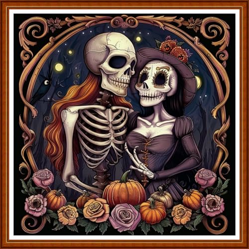 Funart Stamped Cross Stitch Kits for Beginners Full Range of Cross Stitching Preprinted Embroidery Kits for Adults, 11CT Embroidery Pattern Needlepoint Kits-Skeleton Couple 18x18 inch - color: ColorArt57