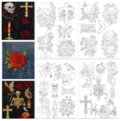 ORIGACH 4 Sheets Gothic Style Water Soluble Embroidery Patterns Stabilizers - Pre-Printed Skull & Flower Designs - Stick & Stitch Embroidery Paper for Hand Sewing Lovers - color: Skull & Flower