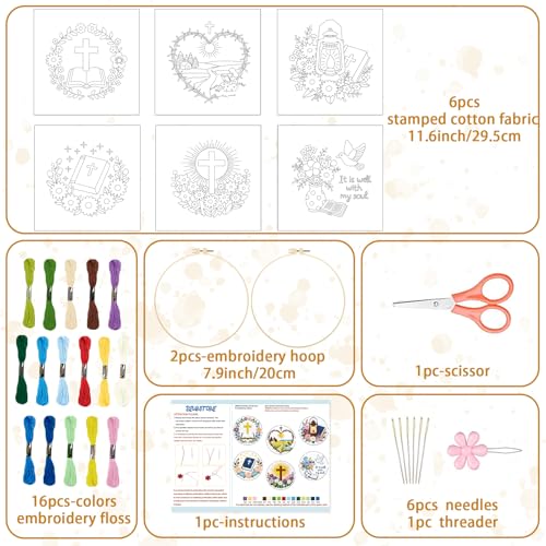 BEUNITONE 6PCS Bible Cross Pattern Embroidery Starter Kit, Hand Embroidery Kits for Adults Beginners Include Hoop Needles Threads and Instruction, Funny Needlepoint Craft Kits for Gifts and Home Decor - style: Bible