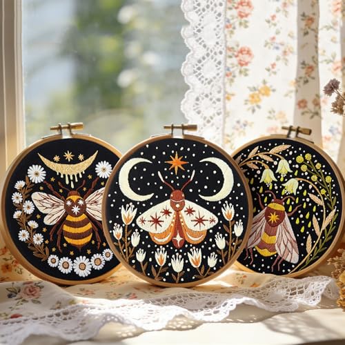 Hand Embroidery Starter Kits for Beginners Adults, Counted Stamped Cross Stitch Kit for Beginners Adults, Embroidery Needlepoint Kit with Moth Flower Pattern, 3 Hoops (Attached Teaching Video QR Code) - color: Moth