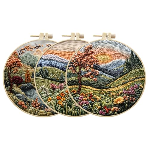 EUBUY Landscape Embroidery Kits for Beginners, Embroidery Kits for Beginners Adults, Beginners Embroidery Starter Kit with Pattern, Needle Thread DIY Embroidery Material Kit - color: Type 3