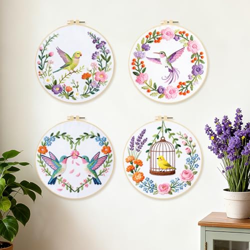 BEUNITONE 4 Set Wreath and Bird Pattern Embroidery Kit for Adult Beginners - style: A-Brids