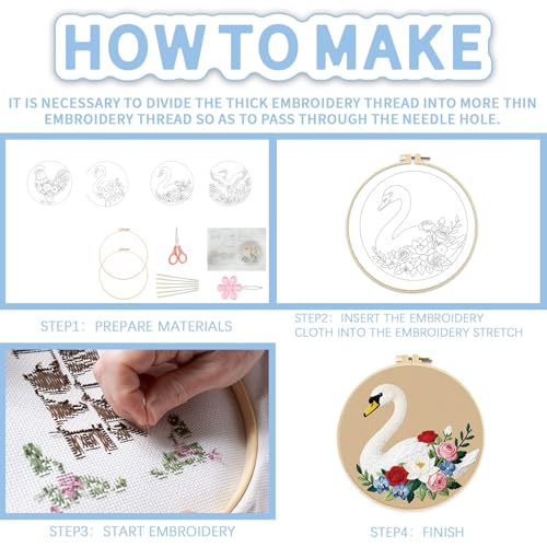 FREEBLOSS 4 Set Embroidery Kit Animals Pattern Stamped Embroidery Starter Kit with Step by Step Instructions, Colored Threads, 2 Hoops, Needlepoint Kits for Hand Craft Lovers Gift, 30cm/11.8inch - style: Birds&Flowers