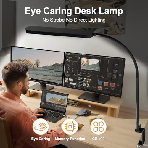 SKYLEO Led Desk Lamp - Desk Light for 33.5" Tall - Flexible Gooseneck - 5 Color Modes X 11 Brightness Levels - 1300LM - Timmer & Memory Function - 12W Clip on Light - Black - style: Black gooseneck