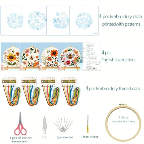 Zhenqing Bees & Flowers Embroidery Kit 11.4x11.4cm - 4-Piece Complete Cross Stitch Set with Pre-Printed Fabric, Threads, Hoop, Needles & Instructions | DIY Craft for Adults, Beginners-Friendly (C0046) - color: C0046