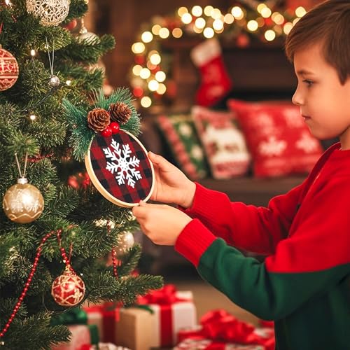 Caydo 111 Pieces Christmas Ornament Making Kit Including 3 Inch Embroidery Hoops, 5 Inch Squares Plaid Fabric and Pink Mini Heat Press for DIY Christmas Decoration - style: 111PCS