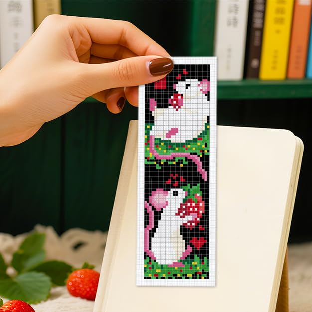 INFUNLY 6 Set White Mouse DIY Cross Stitch Bookmark Kits for Beginners Strawberry Counted Cross Stitch Kit with Instruction Cute Mice Fruit Embroidery Bookmark Kit for Book Lovers Readers Gift - style: Mice and Strawberries