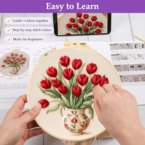 3 Pack Embroidery Kit for Adult Beginners, Needlepoint Cross Stitch Kits with Flower and Green Plant Stamped Patterns, Embroidery Hoop, Tools,Colorful Threads,Step by Step Instructions,DIY Starter Kit - color: Embroidery Kit-A