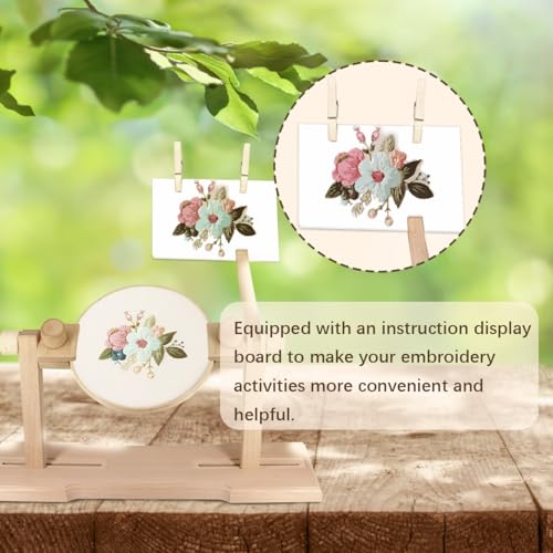 Adjustable Embroidery Hoop Stand,Embroidery Kit with 4pcs Different Size Embroidery Hoops,1 Embroidery Tool Kit,1 Pair of Thimbles,Wooden Embroidery Hoop Holder for Beginners.