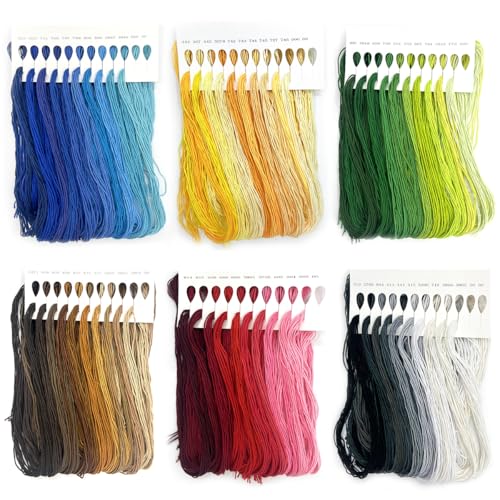 10-Color Gradient Embroidery Floss Set | 6 Color Families (Red, Yellow, Blue, Green, Brown, B&W) | 60 Pre-Sorted Skeins, 6-Strand Threads (1.2m Each) for Sewing & Crafts (Zhenqing 69023) - color: 6 color combination 69023