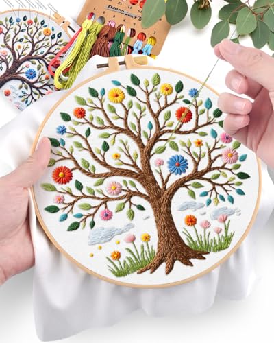 ERKOON Embroidery Kit for Beginners Adult, Cross Stitch Set Include Embroidery Cloth Hoops Threads for Craft Lover Hand Stitch with Embroidery Skill Techniques (Tree) - color: Tree