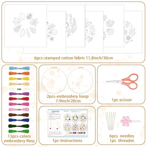 BEUNITONE 6 Pack Beginner Embroidery Kit for Adults, Simple Floral Plants Pre-Stamped Pattern Starter Needlepoint Kits with Hoops & Instruction, Hand Embroidery Kits for Fabric and Home Decor 7.9x7.9 - style: Simple Flowers