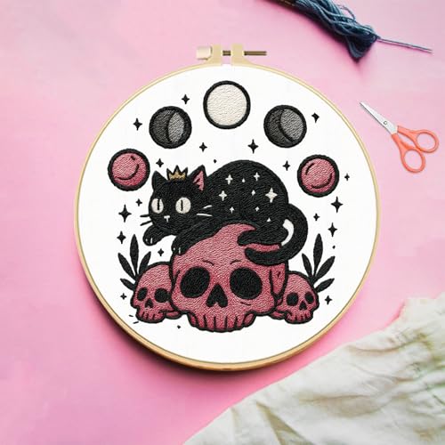 FREEBLOSS 4 Sets 11.6" Embroidery Kit for Beginners Needlepoint Embroidery Starter Kit with Halloween Stamped Patterns, Instructions, Colored Threads, 2 Hoops - style: Halloween