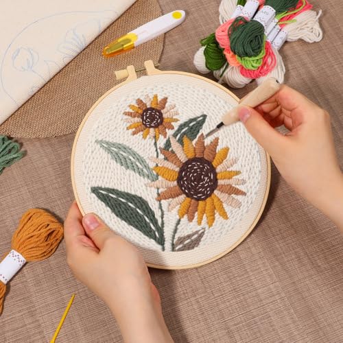 3 Pcs Punch Needle Kits, 7.87 Inch Flower Punch Needle Kit Sunflowers and Tulips Needles Punching kit with Hoop, Instruction, Fabric, Sewing Needles, Yarns, Scissors for Adult, Beginner, Children - size: Style B