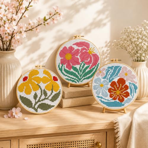 3 Pack Flower Stamped Cross Stitch Kits for Beginners,with Hoop 6x6 inch - color: Abstract Flowers-2607