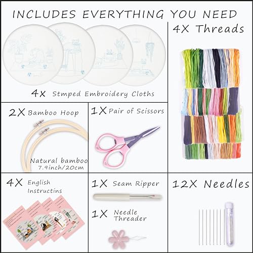 Bonroy 4 Sets Embroidery Set for Beginners, Art Craft, Easy Sewing, Includes Embroidery Clothing, Pattern, Embroidery Hoop, Instruction Manual, Colorful Thread Stitch Set (Cat) - color: Cat