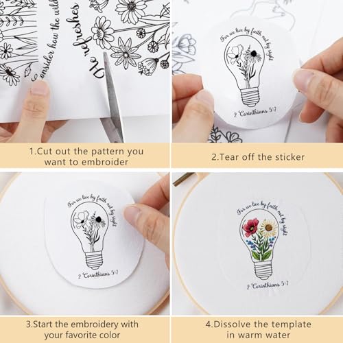 Water Soluble Embroidery Patterns Stabilizers, 6 Sheets Floral Stick and Stitch Embroider Paper Wash Away, Pre-Printed Bible Verses Flower Transfer Paper DIY Gifts for Hand Sewing Lovers Beginners - size: Bible Flower B