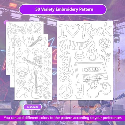 ORIGACH 4 Sheets Rock & Roll Water Soluble Embroidery Patterns Stabilizers - color: Rock & Roll