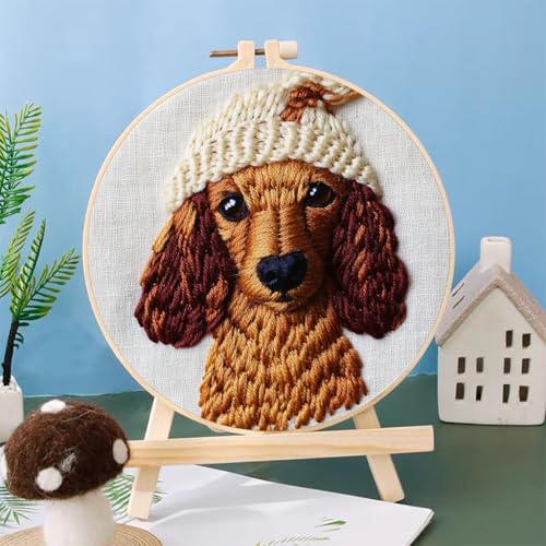 Punch Needle Kits Dachshund Dog Wear Hat 20x20cm-1