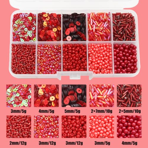 10 Color Small Assorted Glass Seed Beads, Loose Sequins(Red) - color: Red