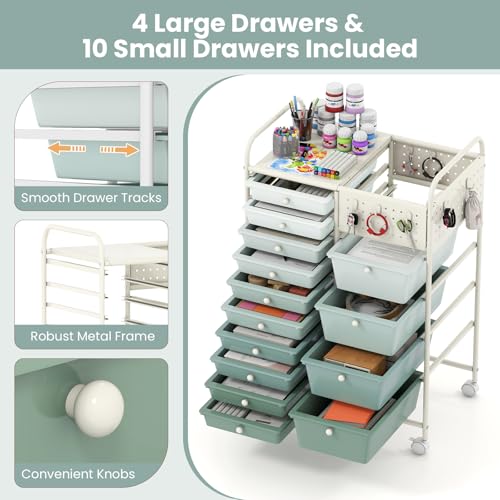 Giantex 14 Drawer Storage Cart, Rolling Craft Cart with Metal Tabletop & Pegboard, Mobile Utility Organizer Trolley with Locking Wheels, Home Office, Green Gradient - color: Green Gradient, size: 14 Drawer-25"x14.5"x34.5"