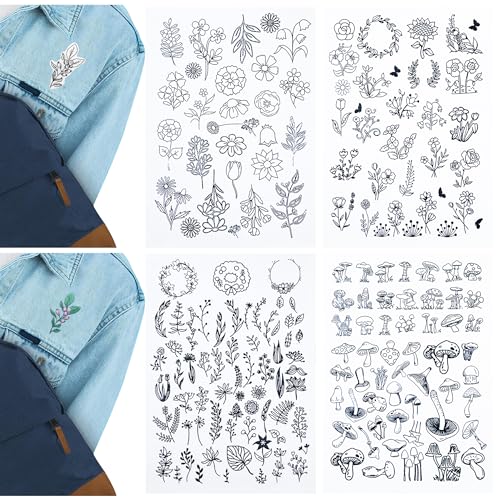 179PCS Water Soluble Stabilizer for Embroidery, 4 Sheets Flower Mushroom Theme Stick and Stitch Embroidery Self Adhesive Paper for Embroidery Hand Sewing Lover, Use on Bags Hats,Cloth - color: Style a