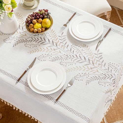 Alsoo Rectangle Tablecloth 55" x 90", Farmhouse Linen Style Table Cloth with Brown Fern Embroidery & Tassels, Heavy Weight Wrinkle & Spill Resistant Table Cover for Dining Kitchen (6-8 Seats) - color: Brown Ferns, size: 90" x 55" (Rectangular)