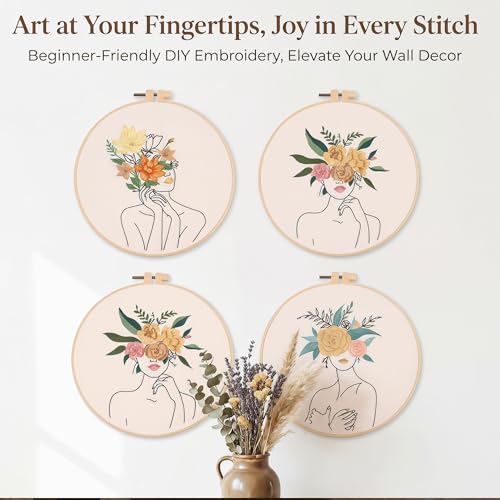 Harimau Adult Beginner Embroidery Starter Kit, Complete Set with 4 Patterns, 2 Hoops, Needles, Scissors, Instruction Guide & Stitching Video Tutorials - color: Human body art patterns