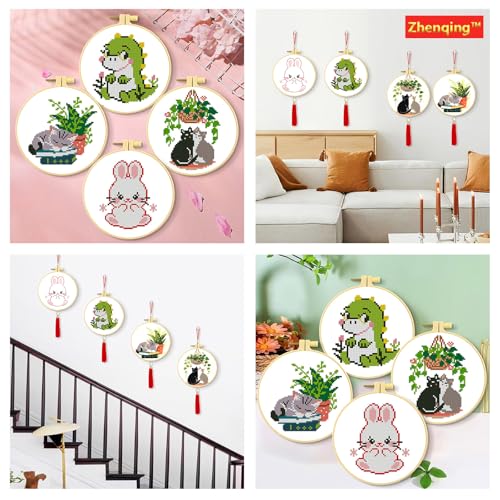 Zhenqing 4 Cute Animal Cross Stitch Kit for Beginners, 11CT Printed 24x24cm with Hoop, Dinosaur Cat Bunny Embroidery Set（68123）