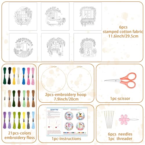 BEUNITONE 6 Set Flowers Embroidery Kit for Beginners Vintage Garden Scene Pre-Stamped Pattern, Needlepoint Kits for Adults Beginners, DIY Handmade Embroidery for Home Decor and Gifts 20x20cm - style: Door Window