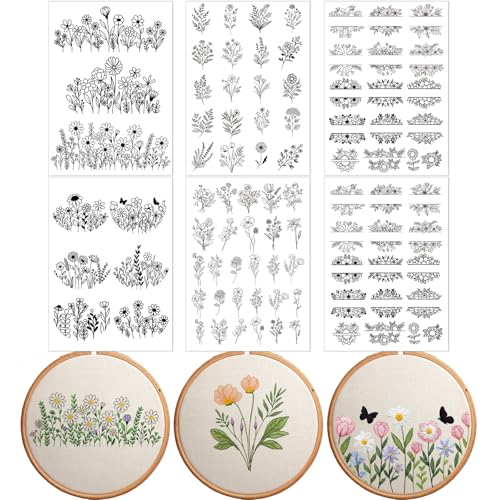 Water Soluble Embroidery Patterns Stabilizers, 6 Sheets 85 Pcs Floral Stick and Stitch Embroider Paper Wash Away, Pre-Printed Flower Daisy Transfer Paper Gifts for Hand Sewing Lovers Beginners - size: Flower B