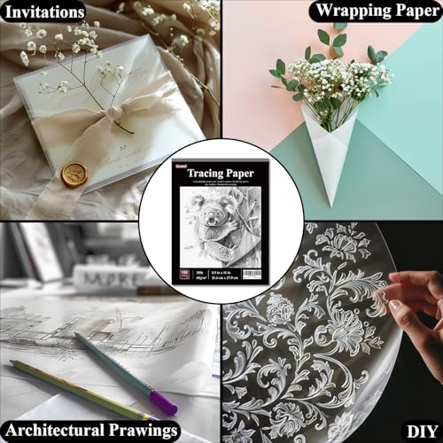 Cewei Tracing Paper for Drawing, 8.5”x11 Trace Paper, 100 Sheets 38lb/60gsm