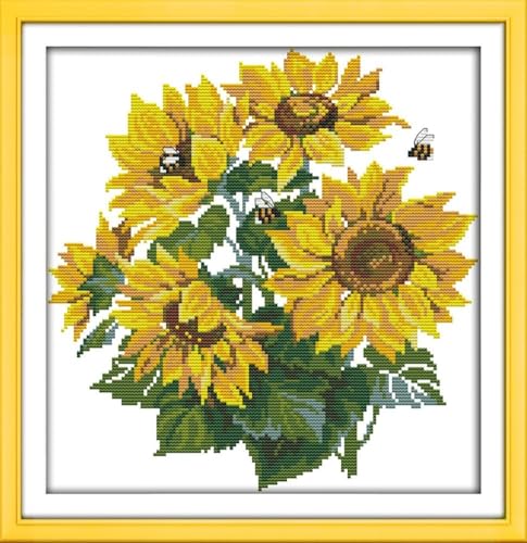 CaptainCrafts Cross Stitch Kits for Adults Sunflower Stamped Cross Sttich Printed 14CT Fabric Cross Stitching DIY Art DMC Needlecrafts Embroidery Kit for Adults (Preprinted 14CT, Sunflower) - color: Sunflower, style: Preprinted 14CT