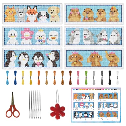 INFUNLY 6PCS Horizontal Animals Cross Stitch Bookmarks Kits 3×8.5inch Brave Penguin Stamped Embroidery Bookmark Set Pets Cats Dogs Needlepoint Bookmark Kit with Instruction for Book Lovers Writer - style: Horizontal Animals