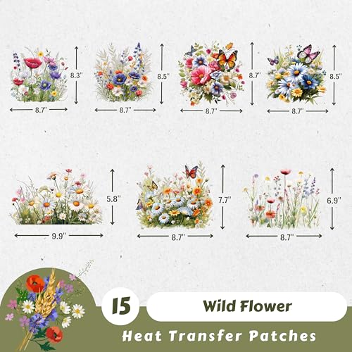 15 Pcs Wild Flower Iron on Decals Transfers, Floral Butterfly Heat Transfer Patches for T-Shirts, Spring DTF Heat Transfer Stickers for Clothes, Hats and Pillows DIY - style: Wild Flower