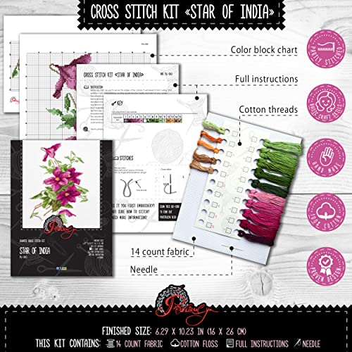 Povitrulya Clematis Flower Star of India Counted Cross Stitch kit - DIY Embroidery Set with Paper Floral Pattern and prestored Floss - color: Clematis
